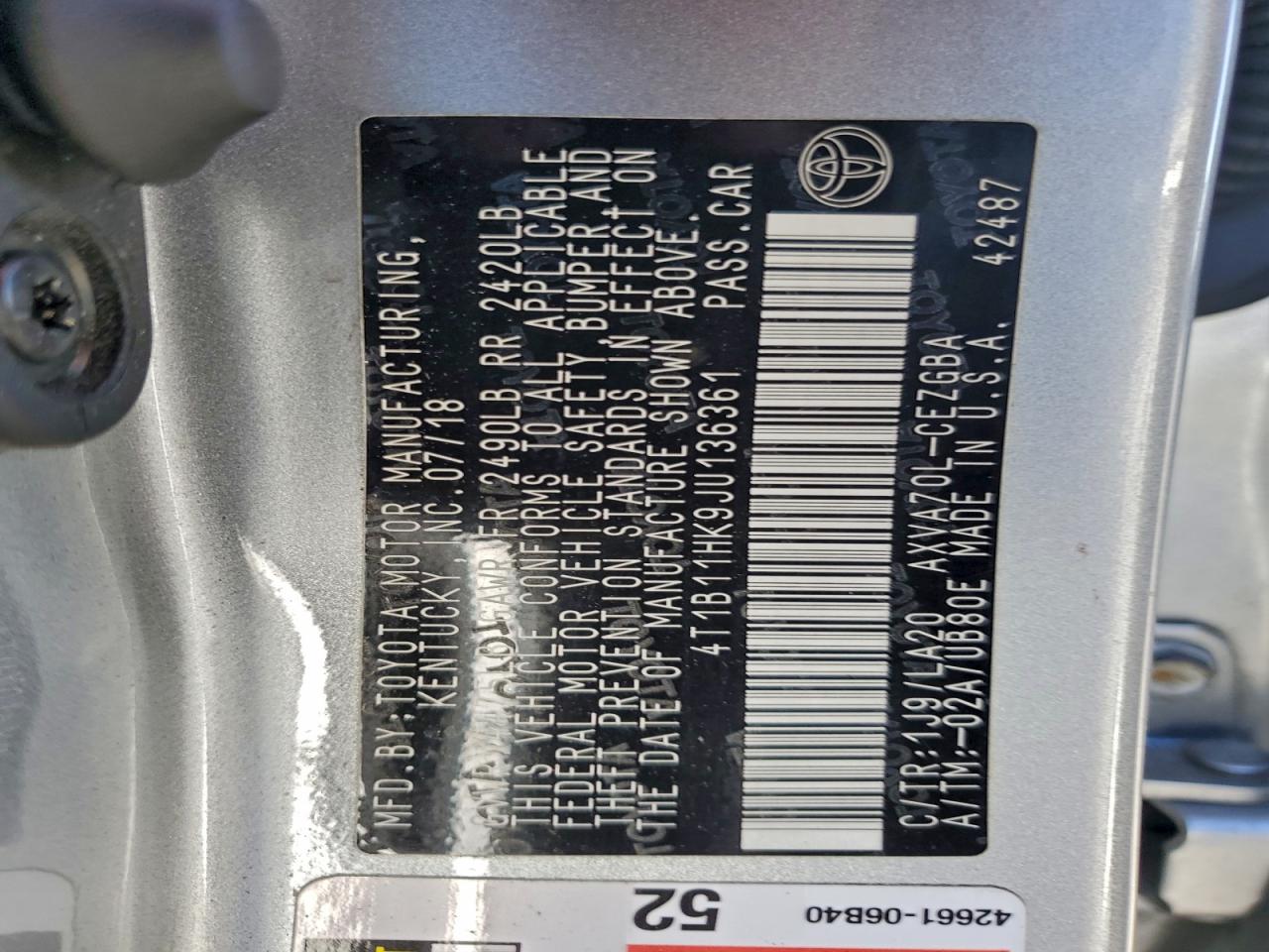 2018 TOYOTA CAMRY L photo 12