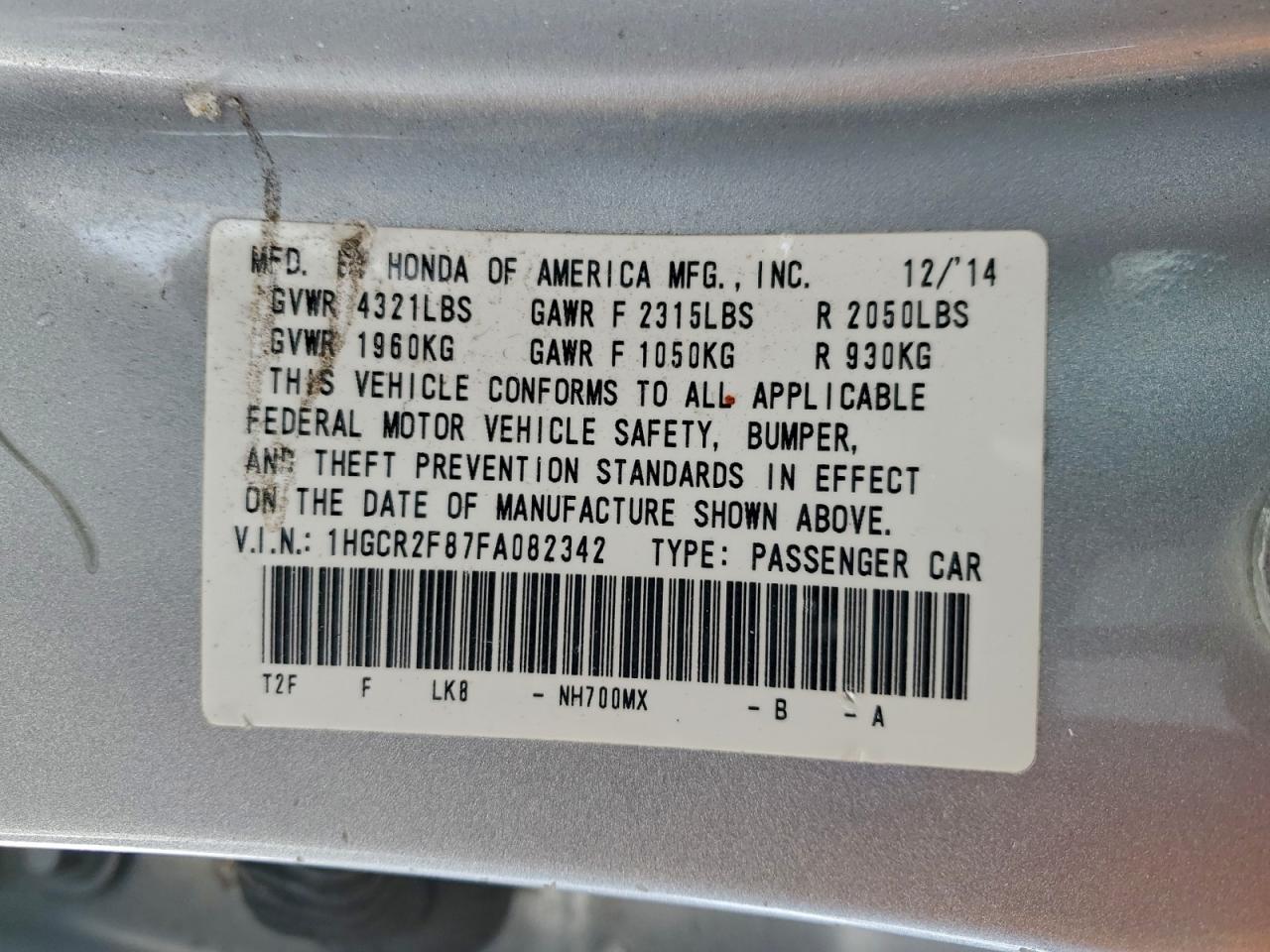 2015 HONDA ACCORD EXL photo 12