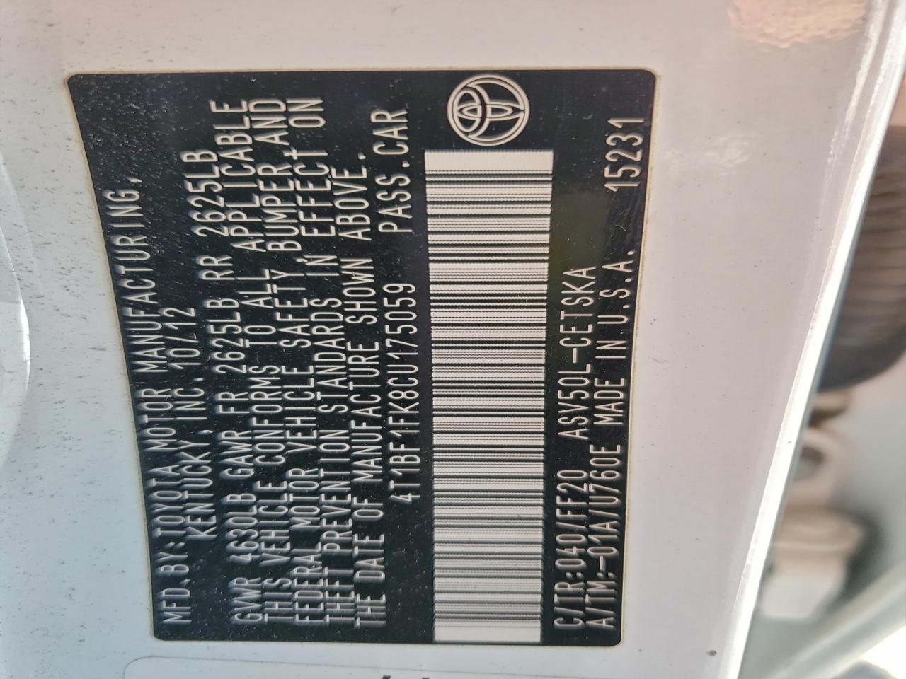 2012 TOYOTA CAMRY BASE photo 12