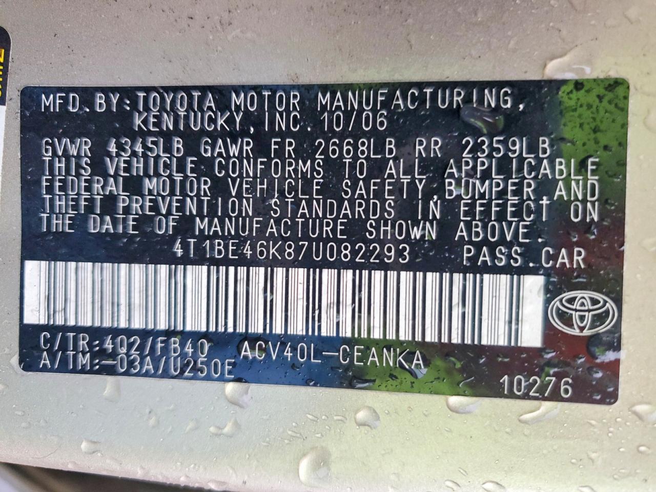 2007 TOYOTA CAMRY CE photo 12