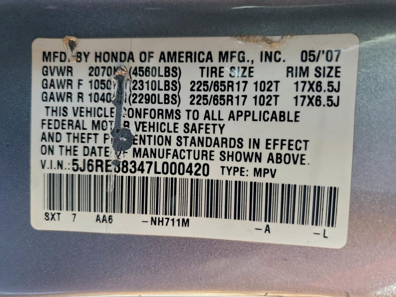 2007 HONDA CR-V LX photo 14