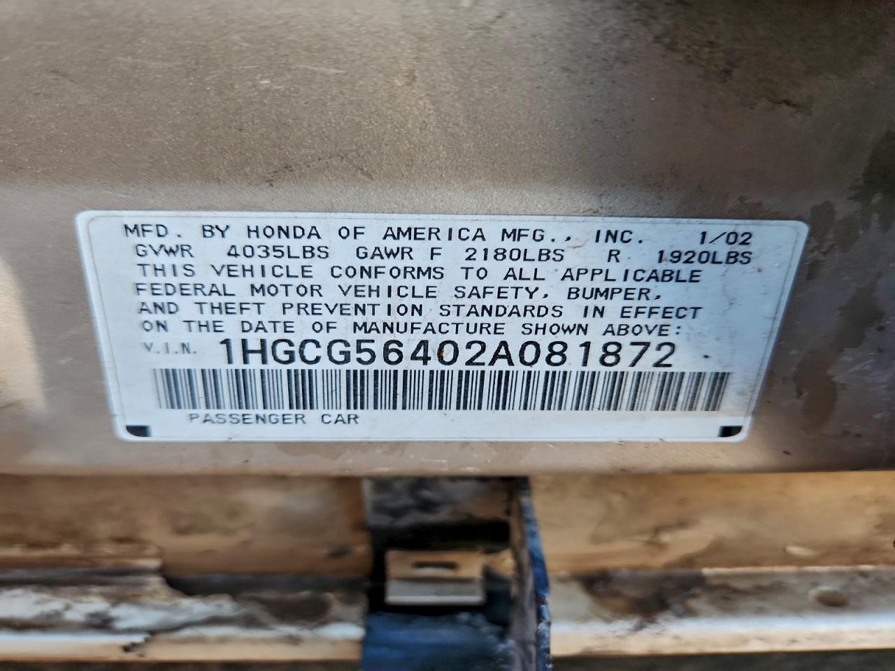 2002 HONDA ACCORD LX photo 12