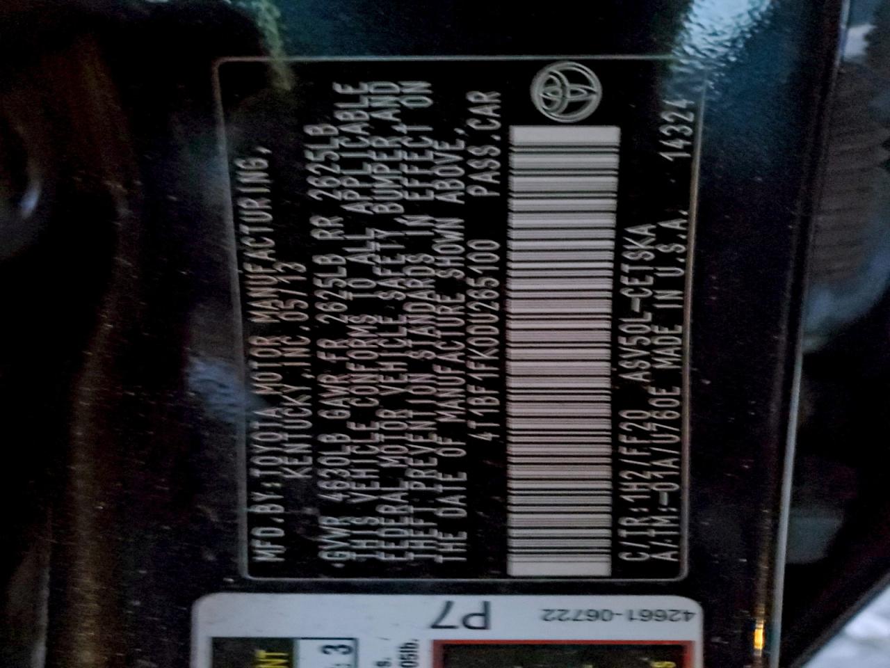 2013 TOYOTA CAMRY L photo 12