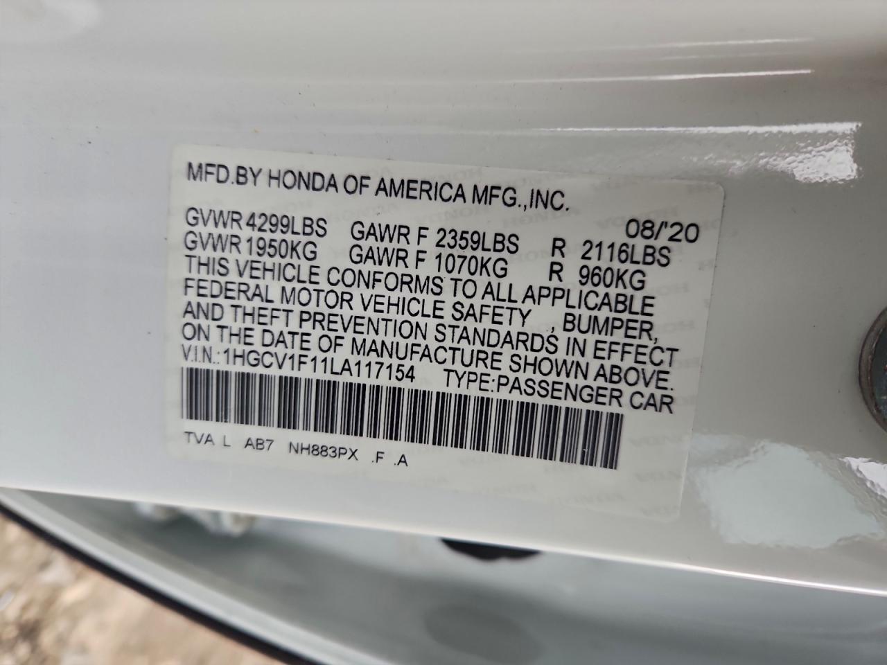 2020 HONDA ACCORD LX photo 12