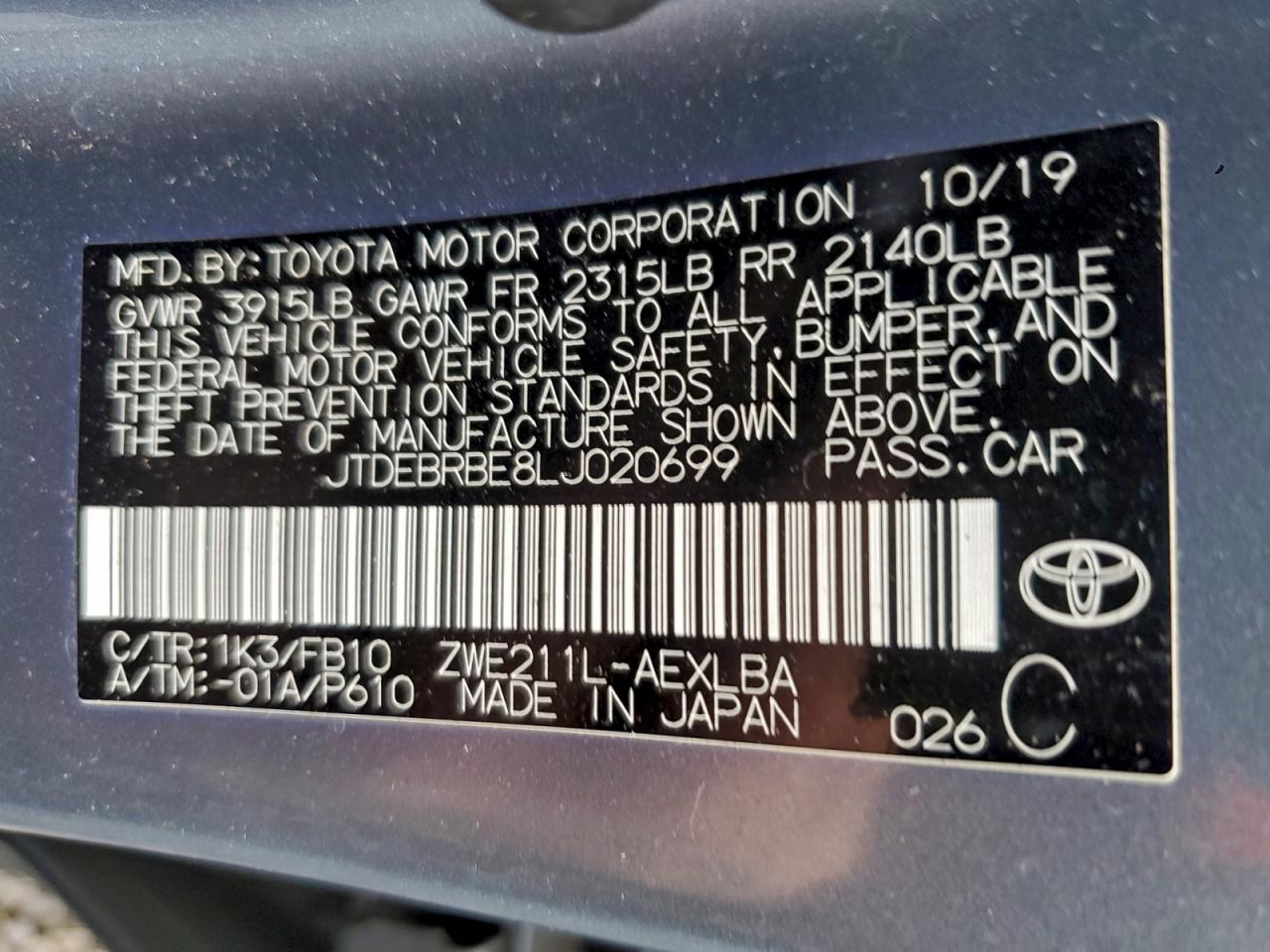 2020 TOYOTA COROLLA LE photo 12