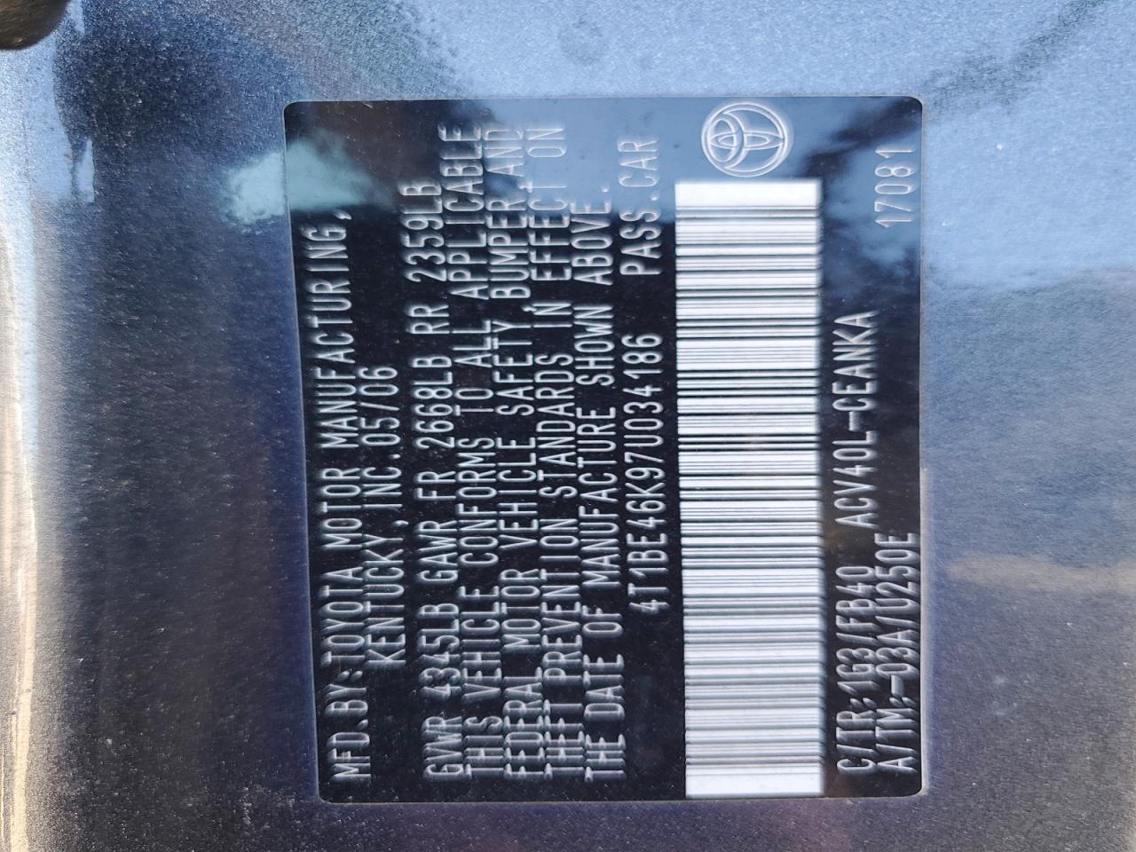 2007 TOYOTA CAMRY CE photo 12