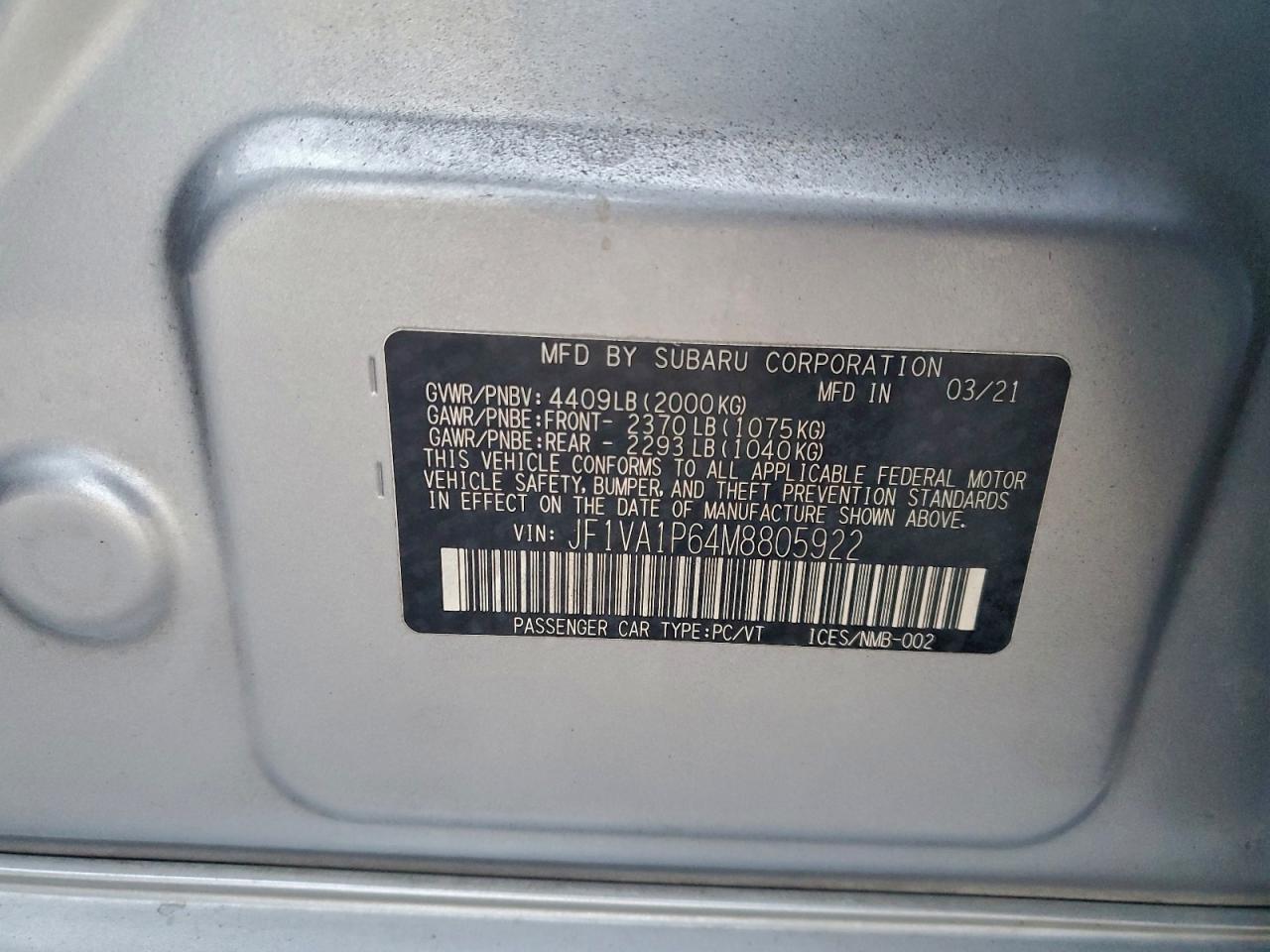 2021 SUBARU WRX LIMITED photo 12