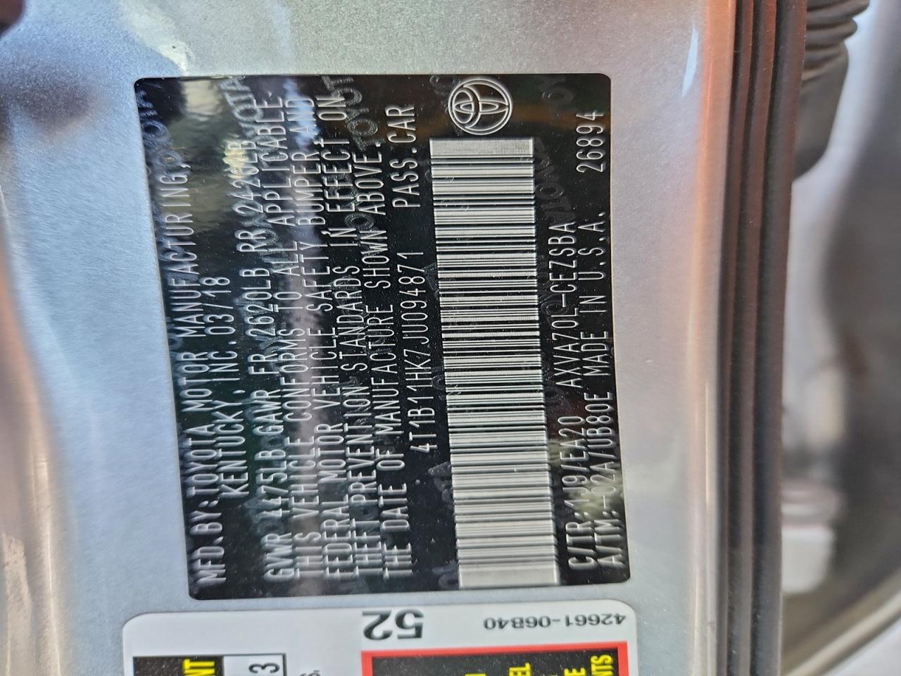 2018 TOYOTA CAMRY L photo 12