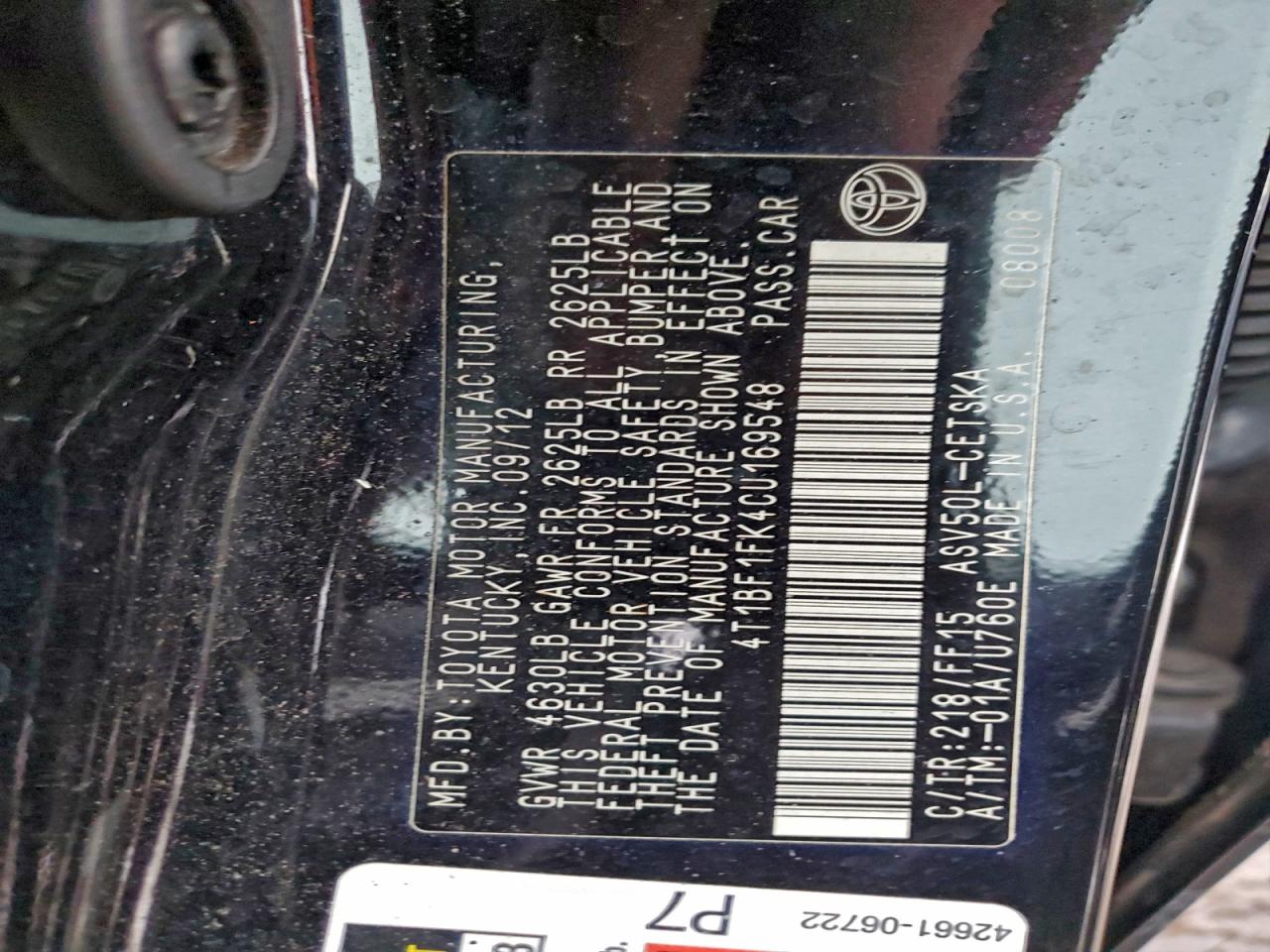 2012 TOYOTA CAMRY BASE photo 12