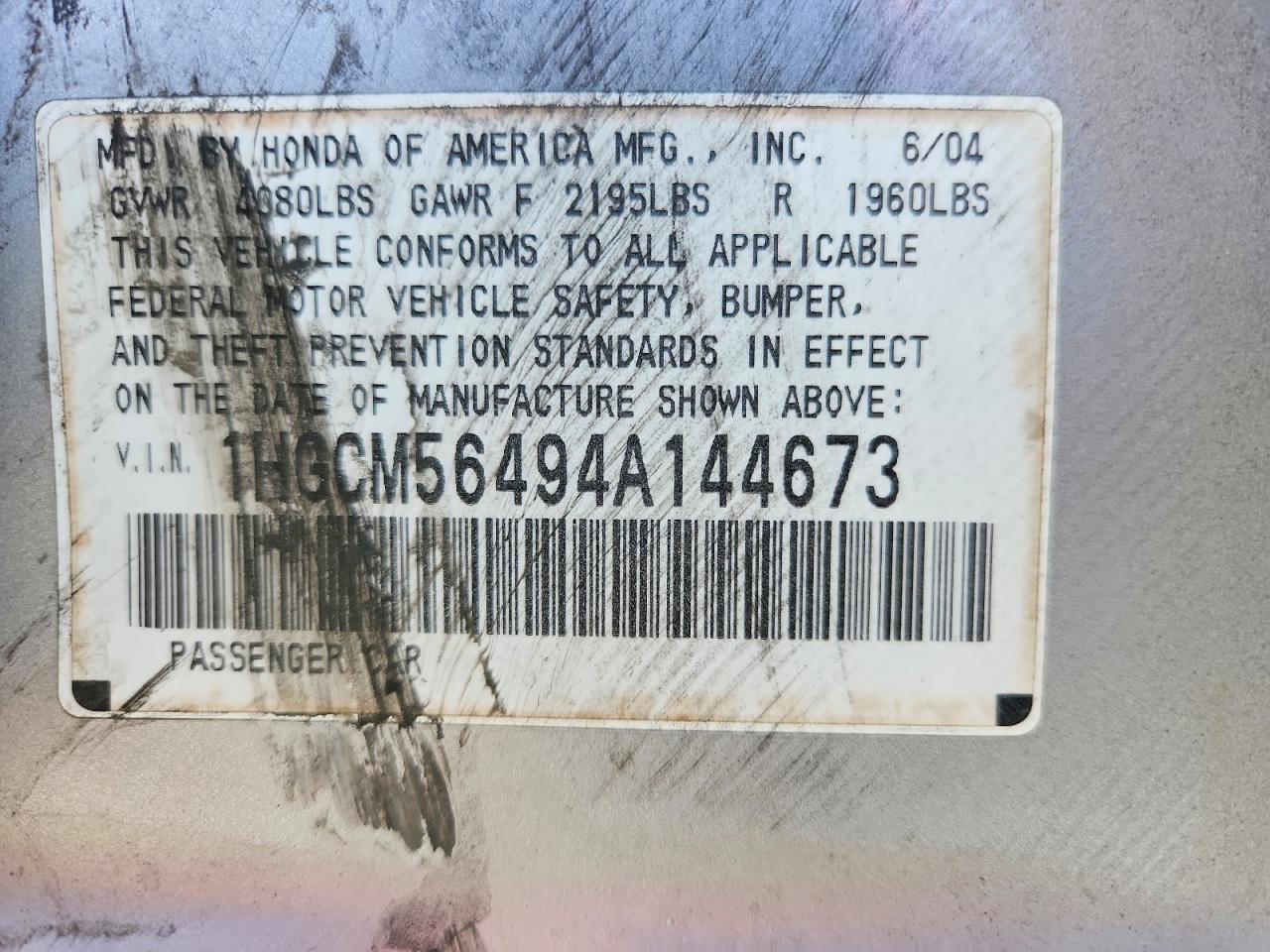 2004 HONDA ACCORD LX photo 13
