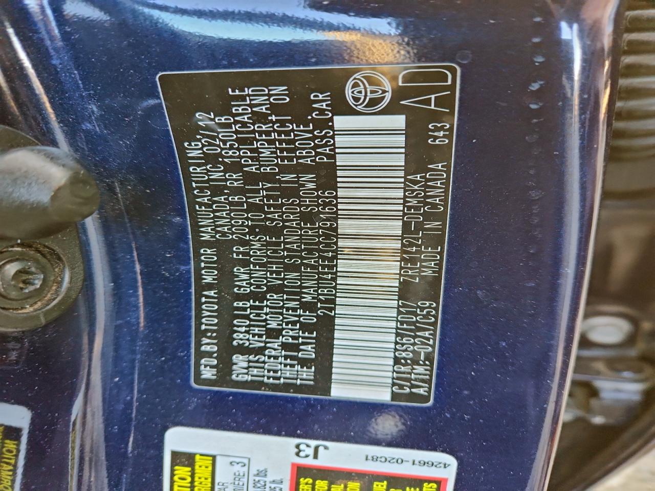 2012 TOYOTA COROLLA BASE photo 12