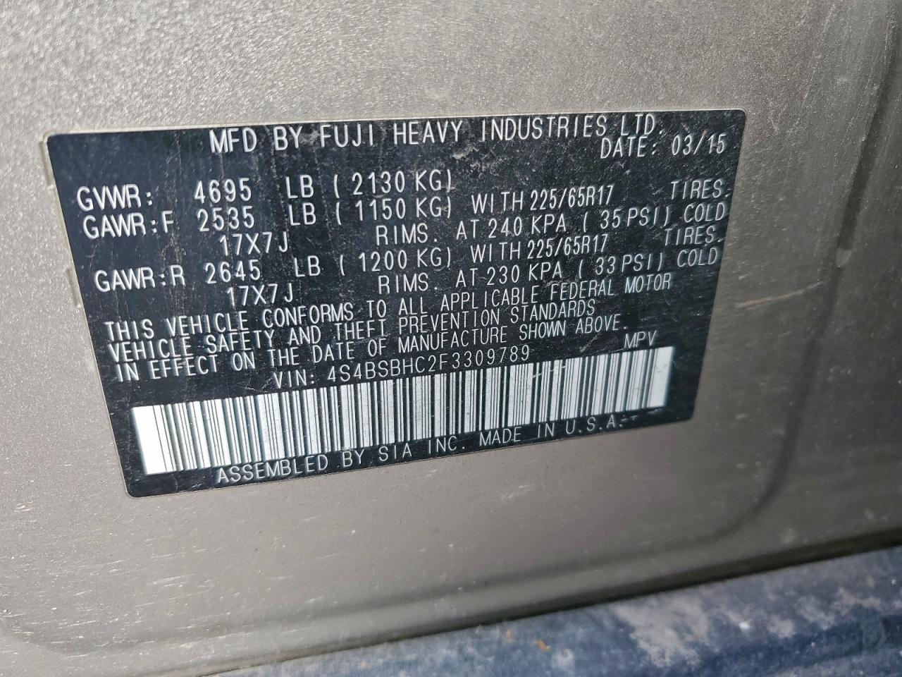2015 SUBARU OUTBACK 2.5I PREMIUM photo 13