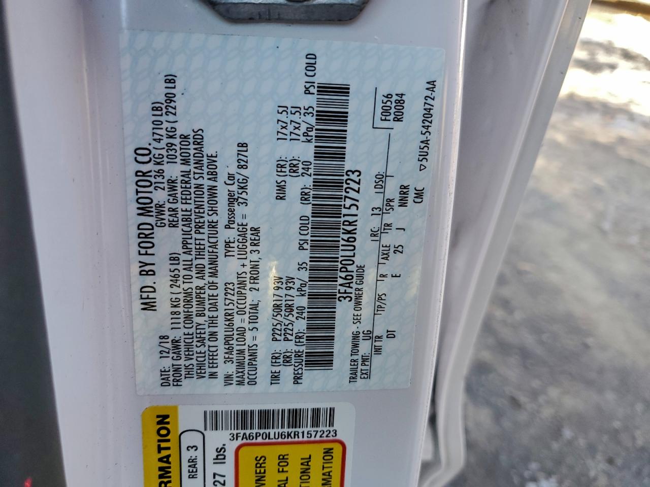 2019 FORD FUSION SE photo 12