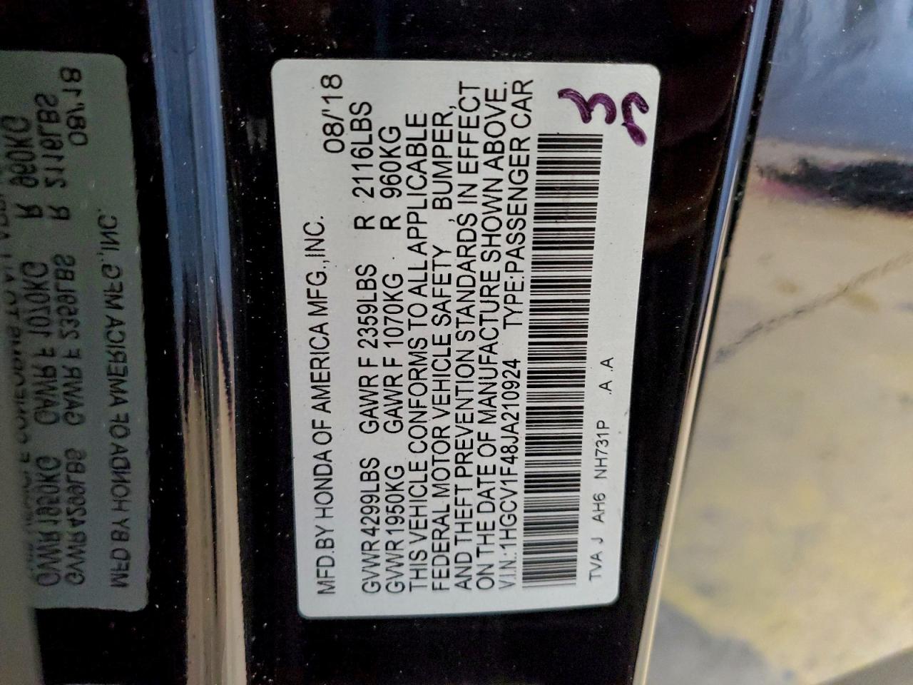 2018 HONDA ACCORD EX photo 13