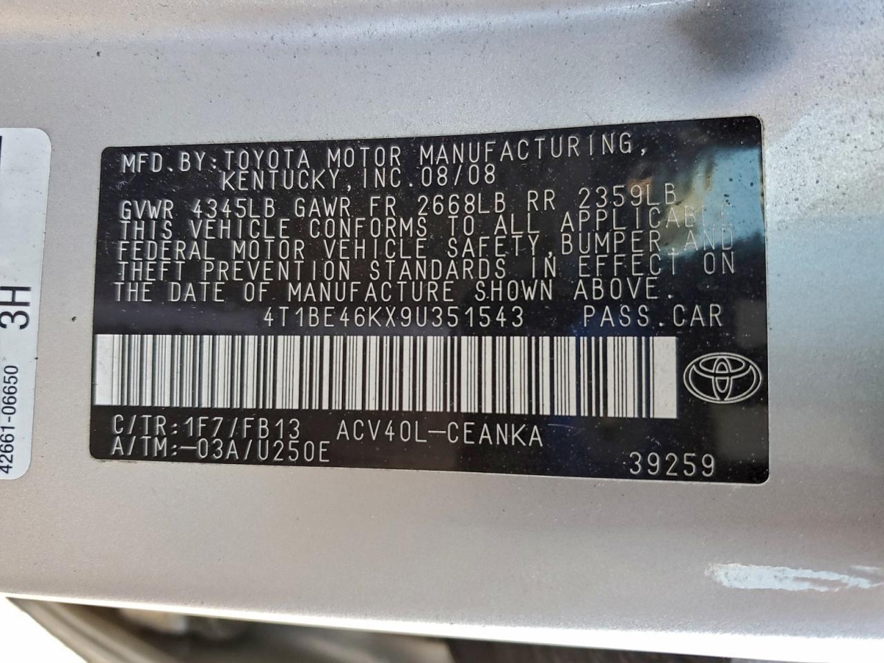 2009 TOYOTA CAMRY BASE photo 12