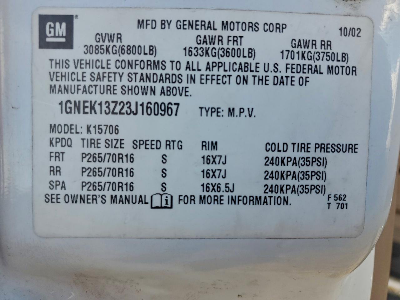 2003 CHEVROLET TAHOE K1500 photo 14