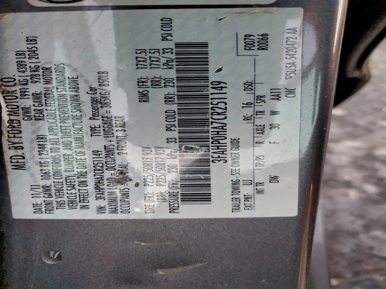 2012 FORD FUSION SE photo 12