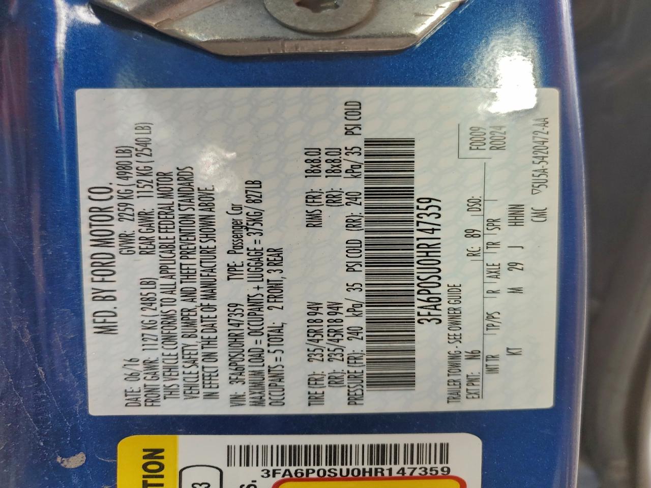 2017 FORD FUSION TITANIUM PHEV photo 12