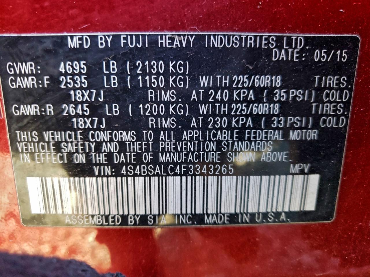 2015 SUBARU OUTBACK 2.5I LIMITED photo 13