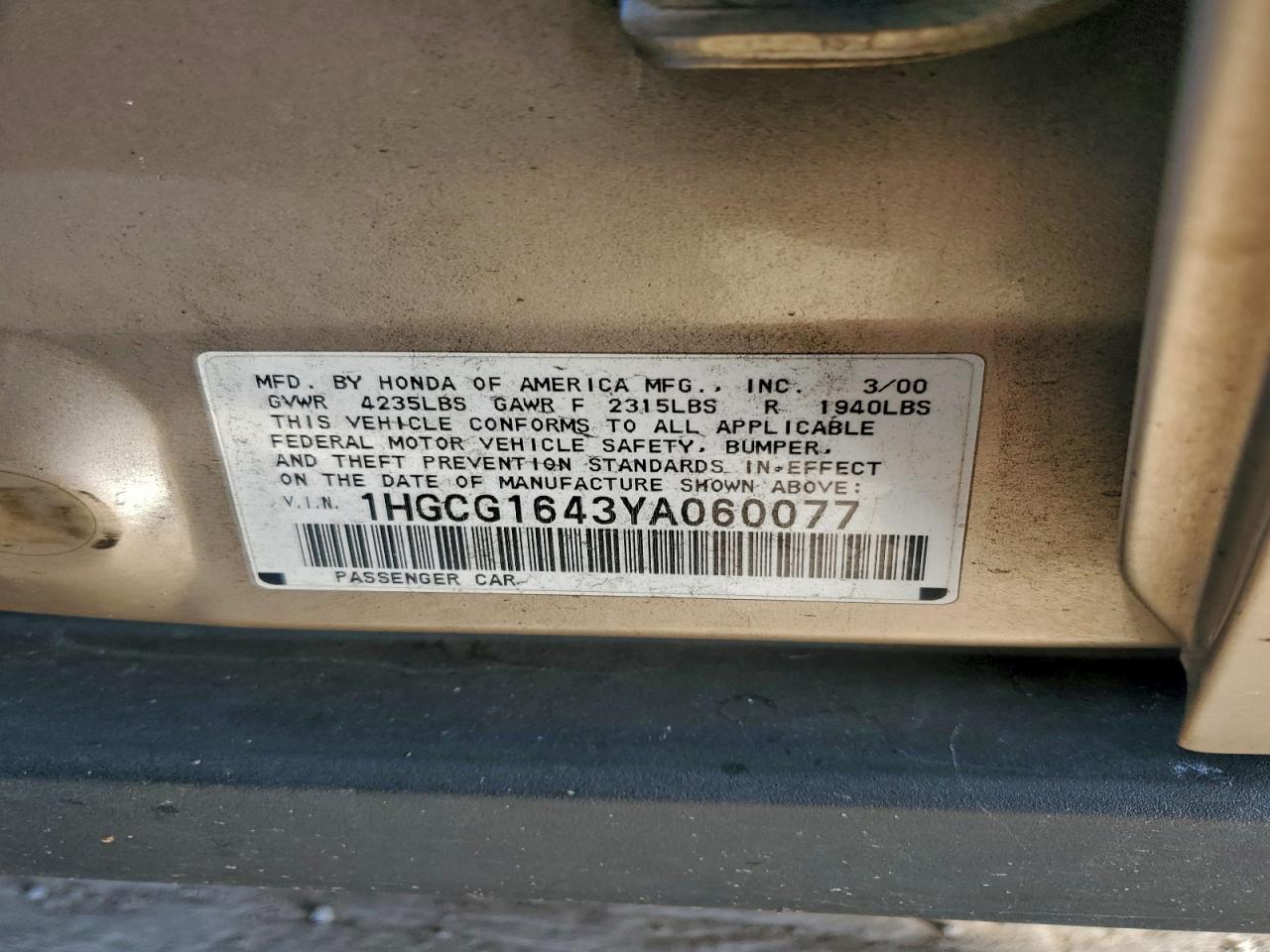 2000 HONDA ACCORD LX photo 12