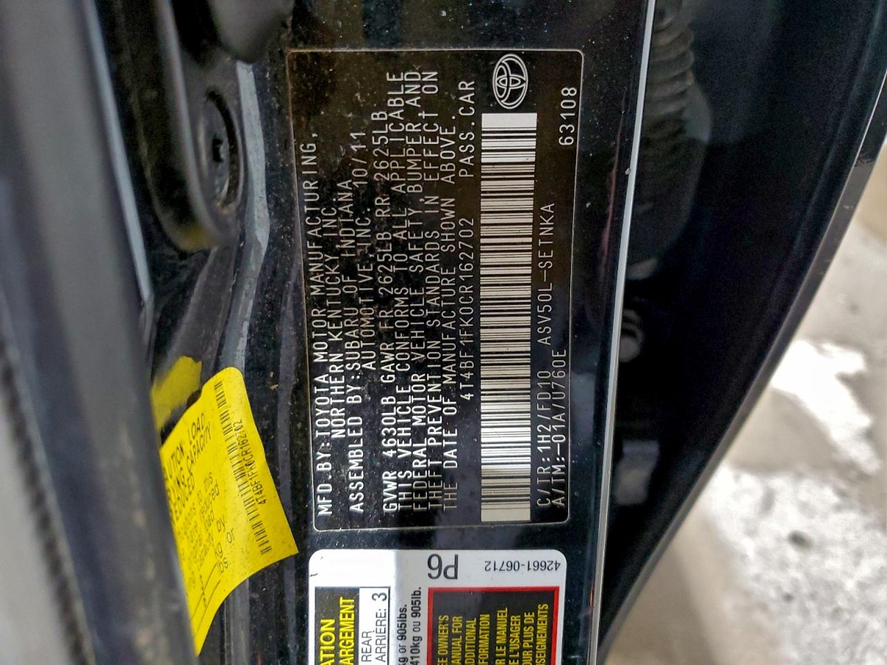 2012 TOYOTA CAMRY BASE photo 12