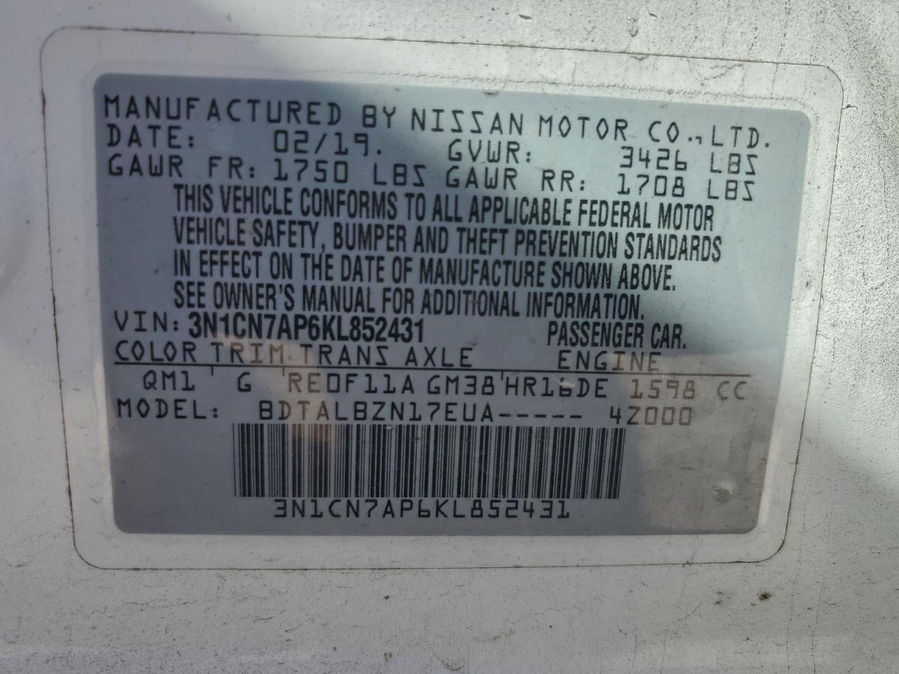 2019 NISSAN VERSA S photo 12