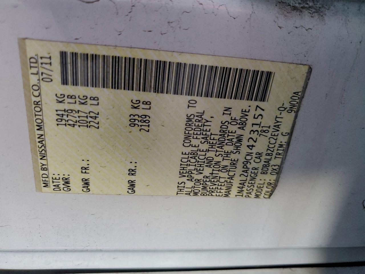 2012 NISSAN ALTIMA BASE photo 13