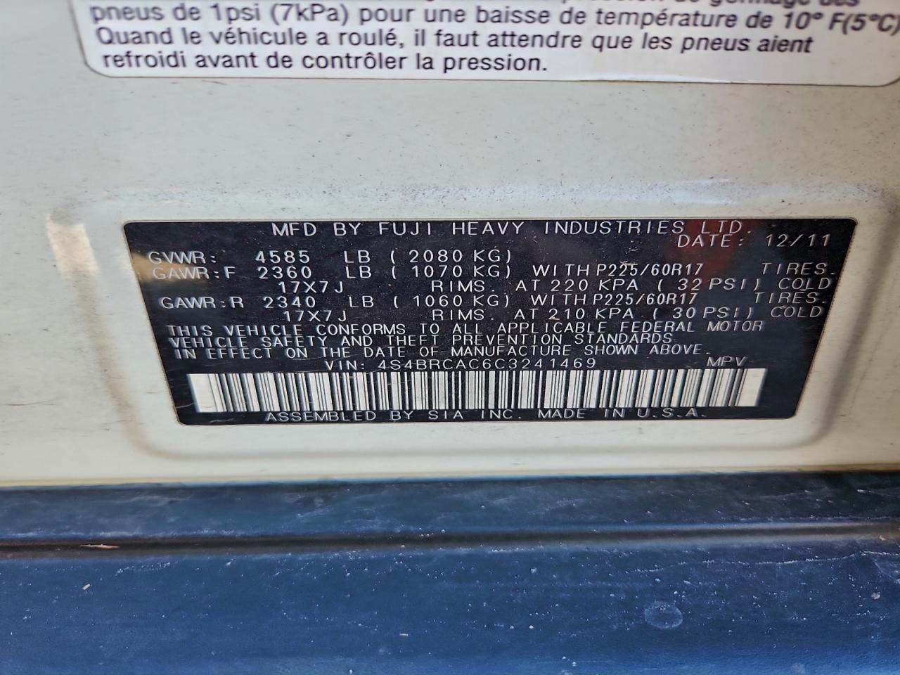 2012 SUBARU OUTBACK 2.5I photo 13