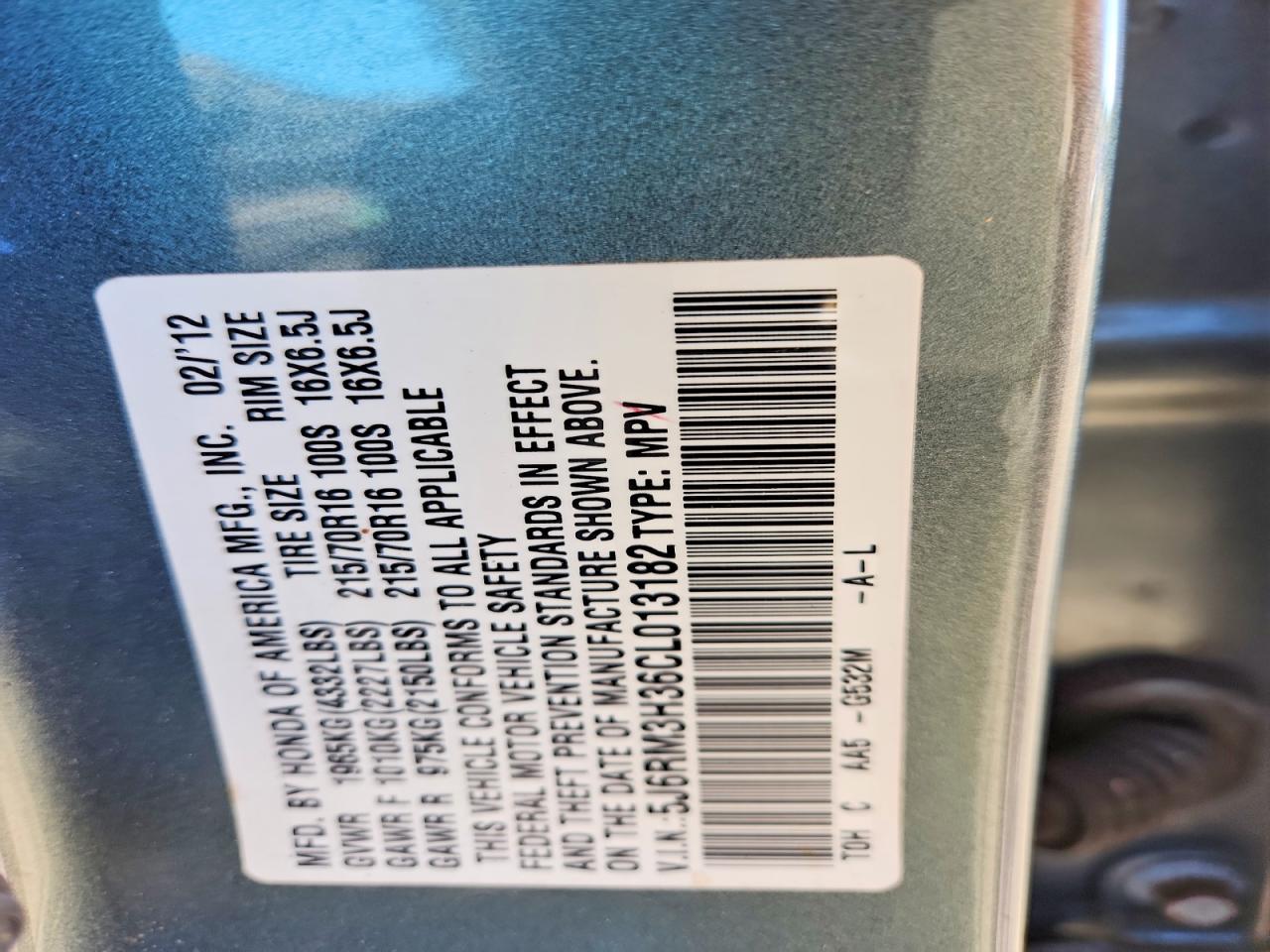2012 HONDA CR-V LX photo 13