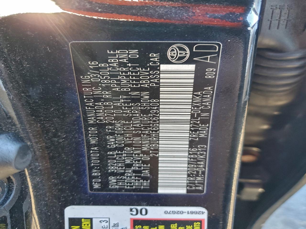 2016 TOYOTA COROLLA L photo 12
