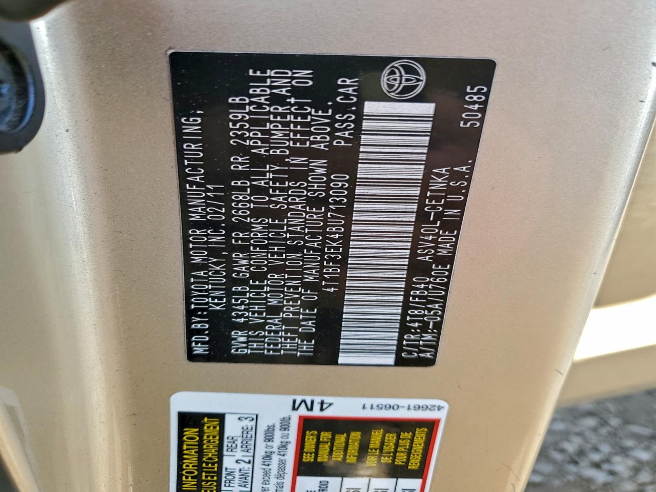 2011 TOYOTA CAMRY BASE photo 12