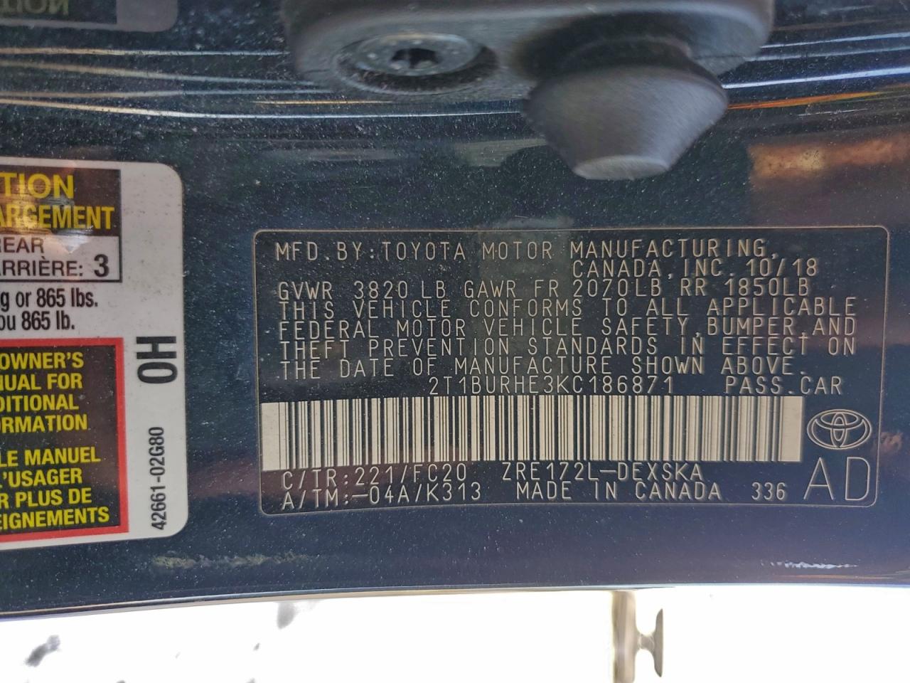 2019 TOYOTA COROLLA L photo 12