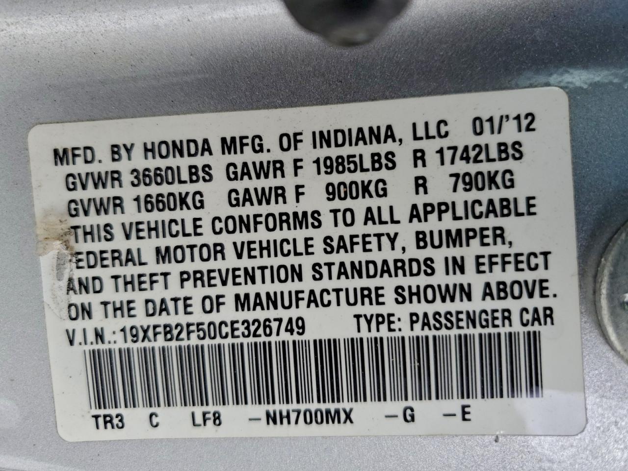 2012 HONDA CIVIC LX photo 12