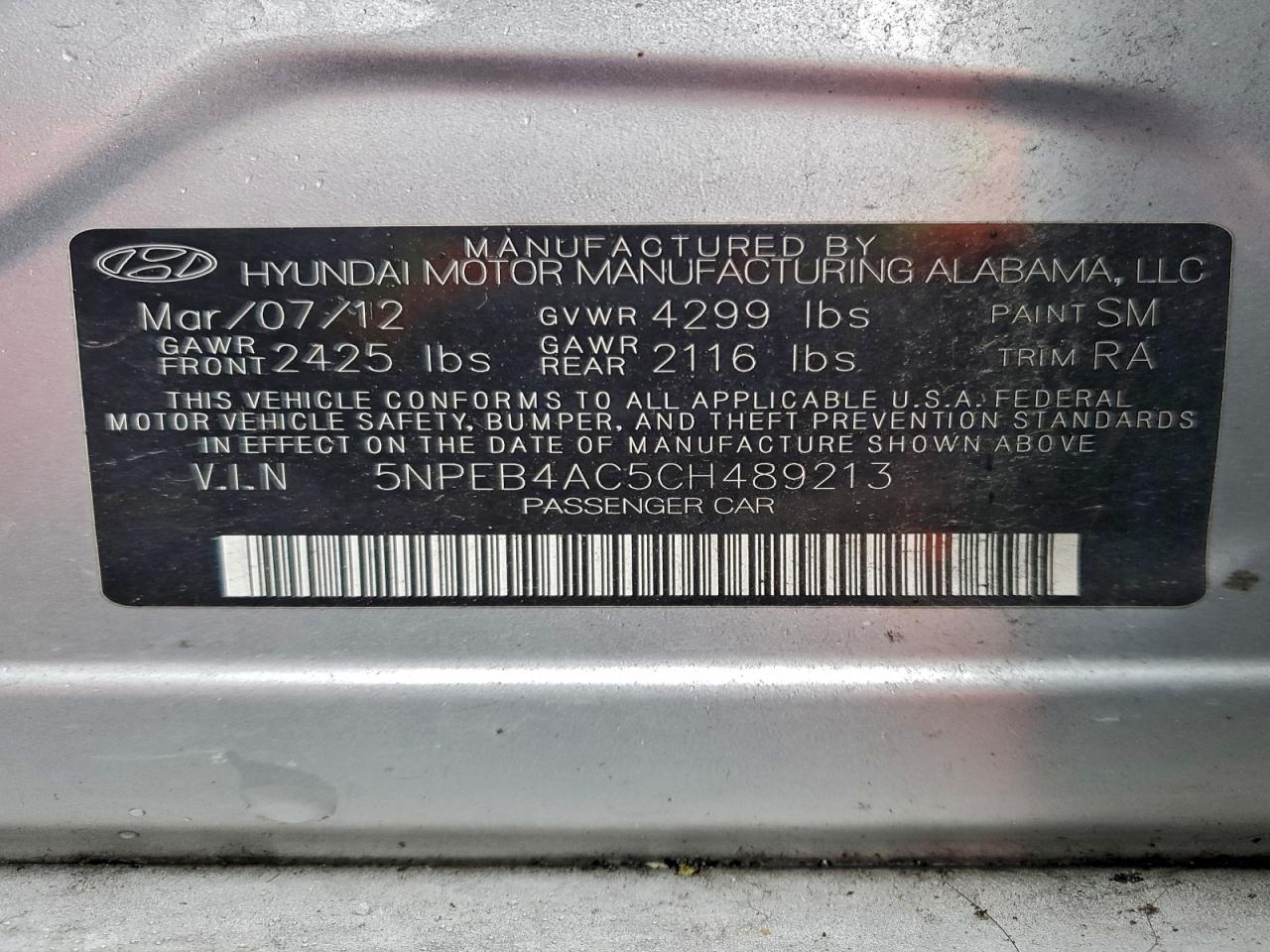 2012 HYUNDAI SONATA GLS photo 12