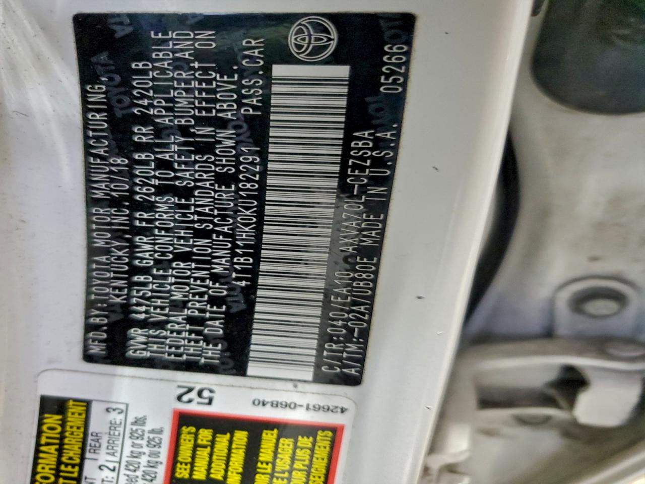 2019 TOYOTA CAMRY L photo 12