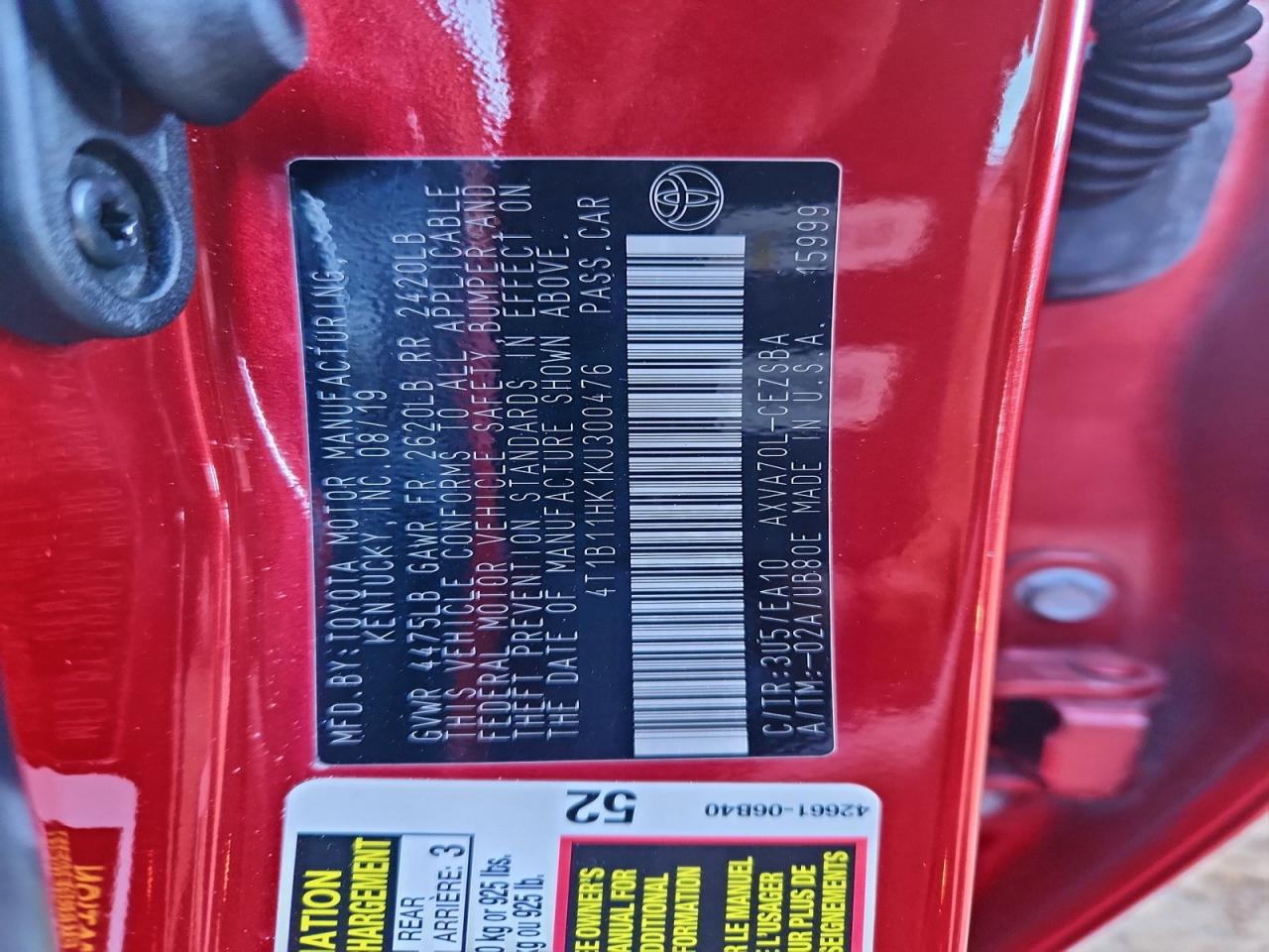 2019 TOYOTA CAMRY L photo 25