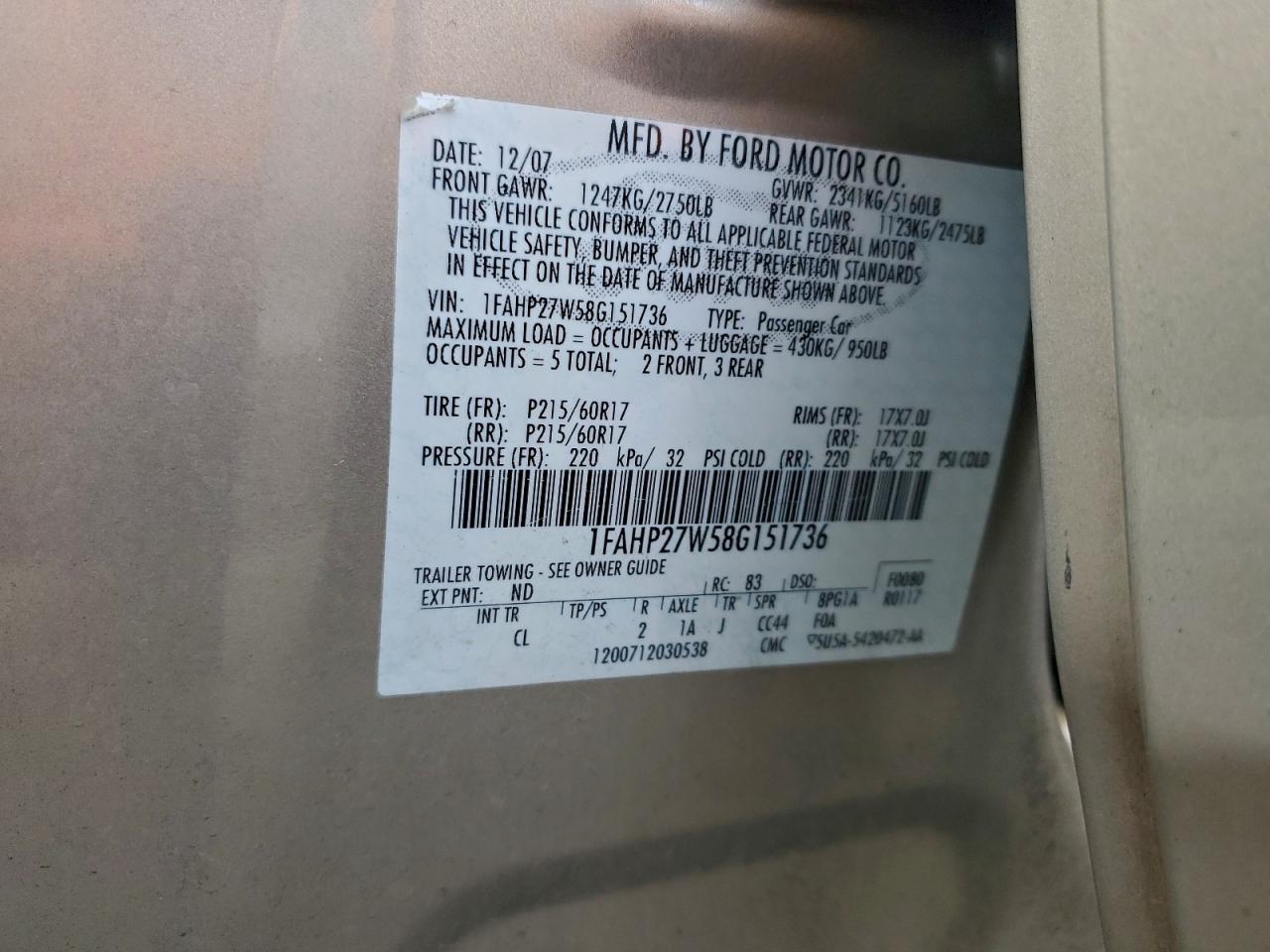 2008 FORD TAURUS SEL photo 12