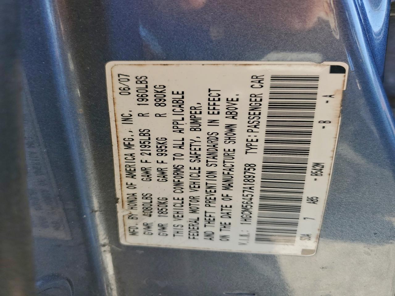 2007 HONDA ACCORD LX photo 13