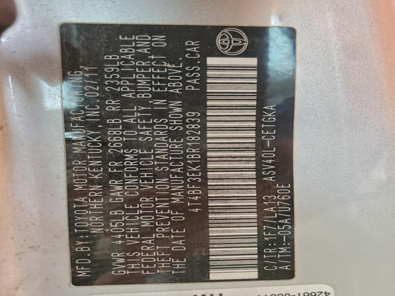2011 TOYOTA CAMRY BASE photo 13