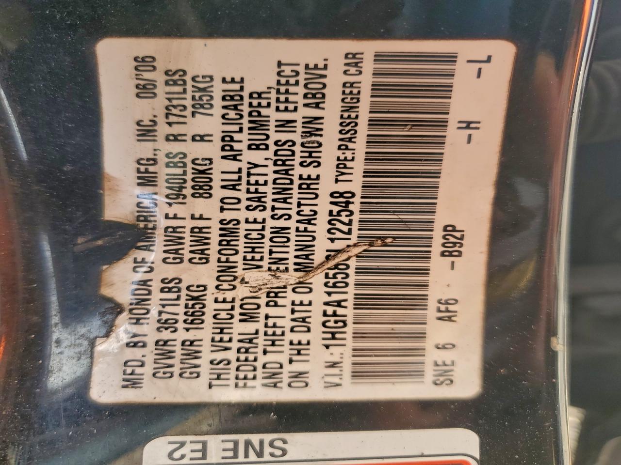2006 HONDA CIVIC LX photo 12