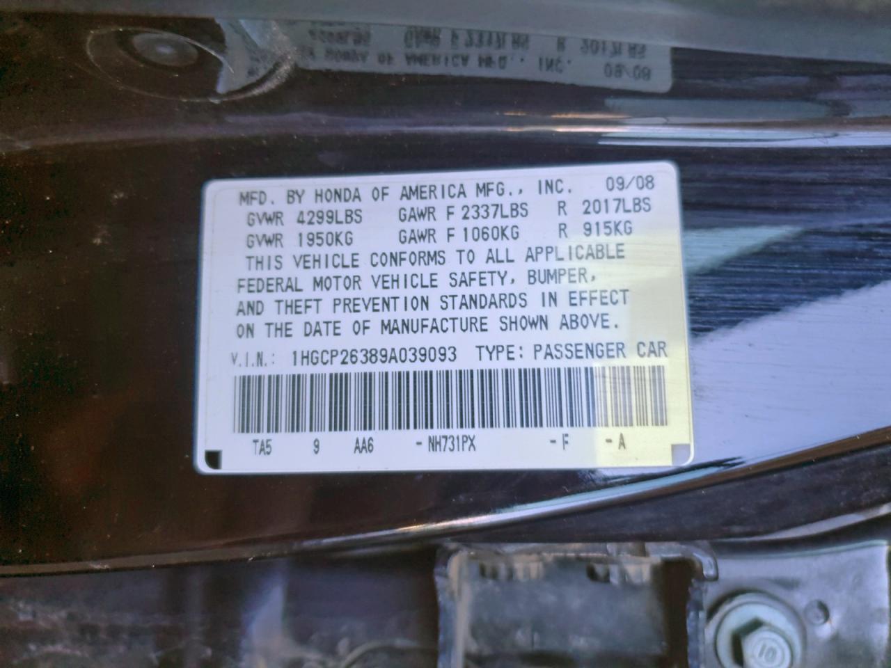 2009 HONDA ACCORD LX photo 12