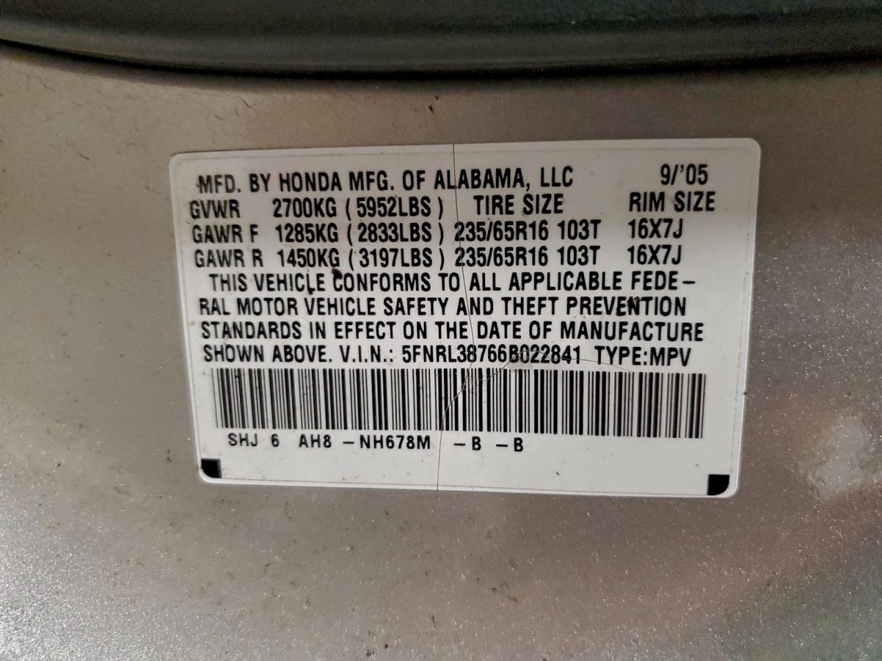 2006 HONDA ODYSSEY EXL photo 14