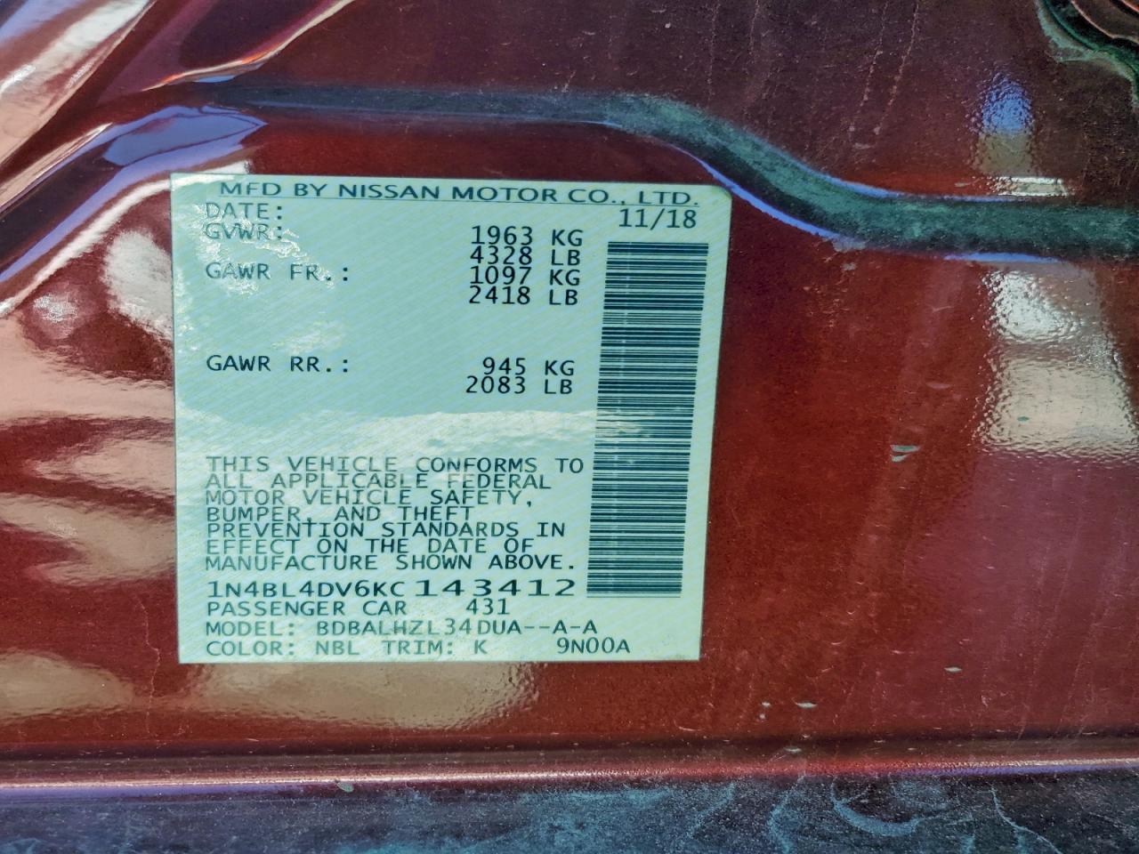 2019 NISSAN ALTIMA SV photo 12