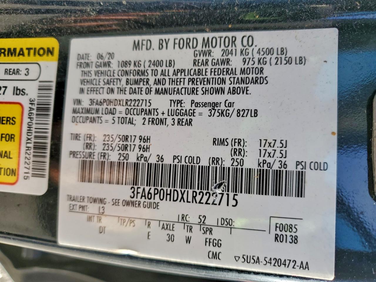2020 FORD FUSION SE photo 12