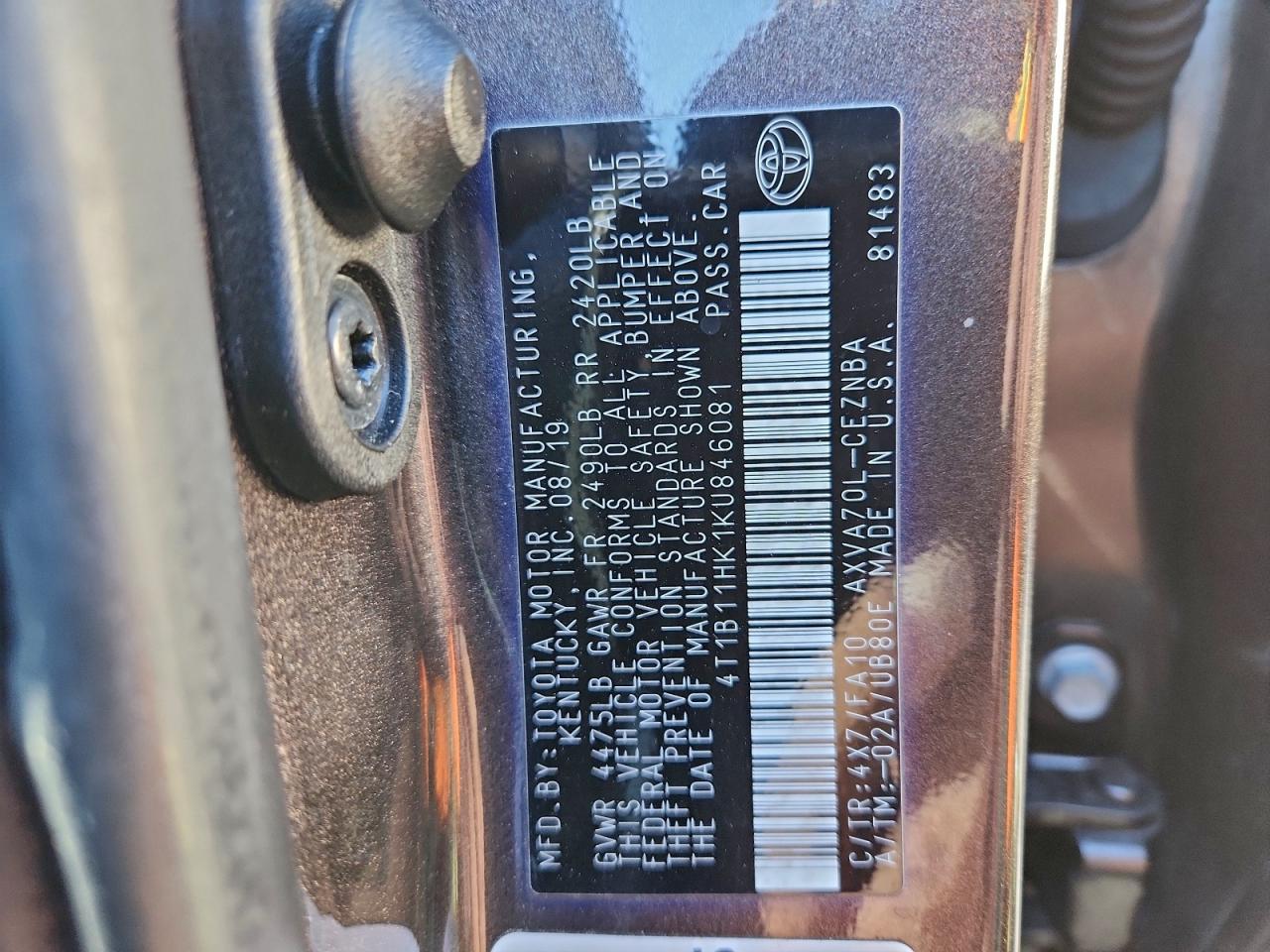 2019 TOYOTA CAMRY L photo 12
