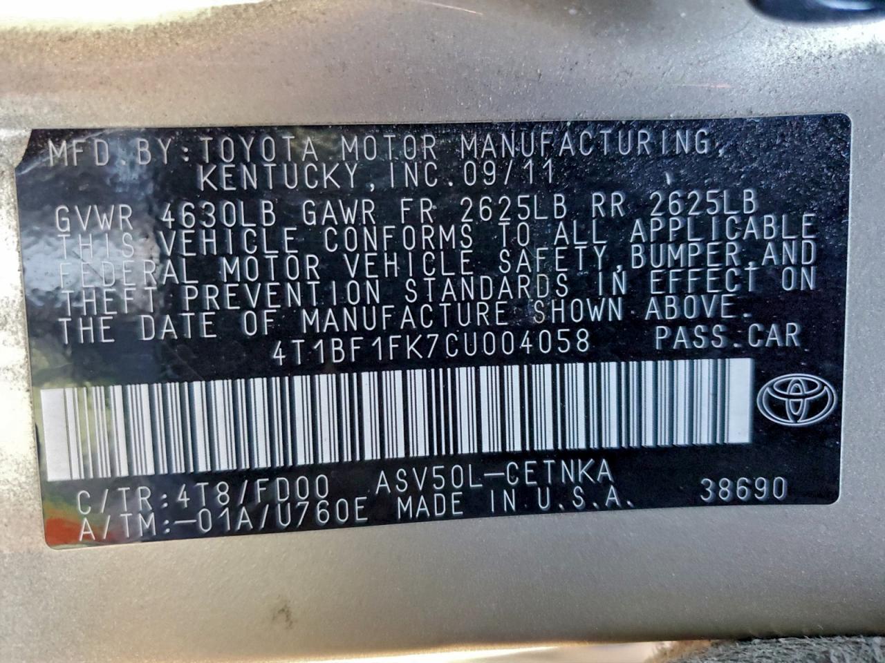 2012 TOYOTA CAMRY BASE photo 12