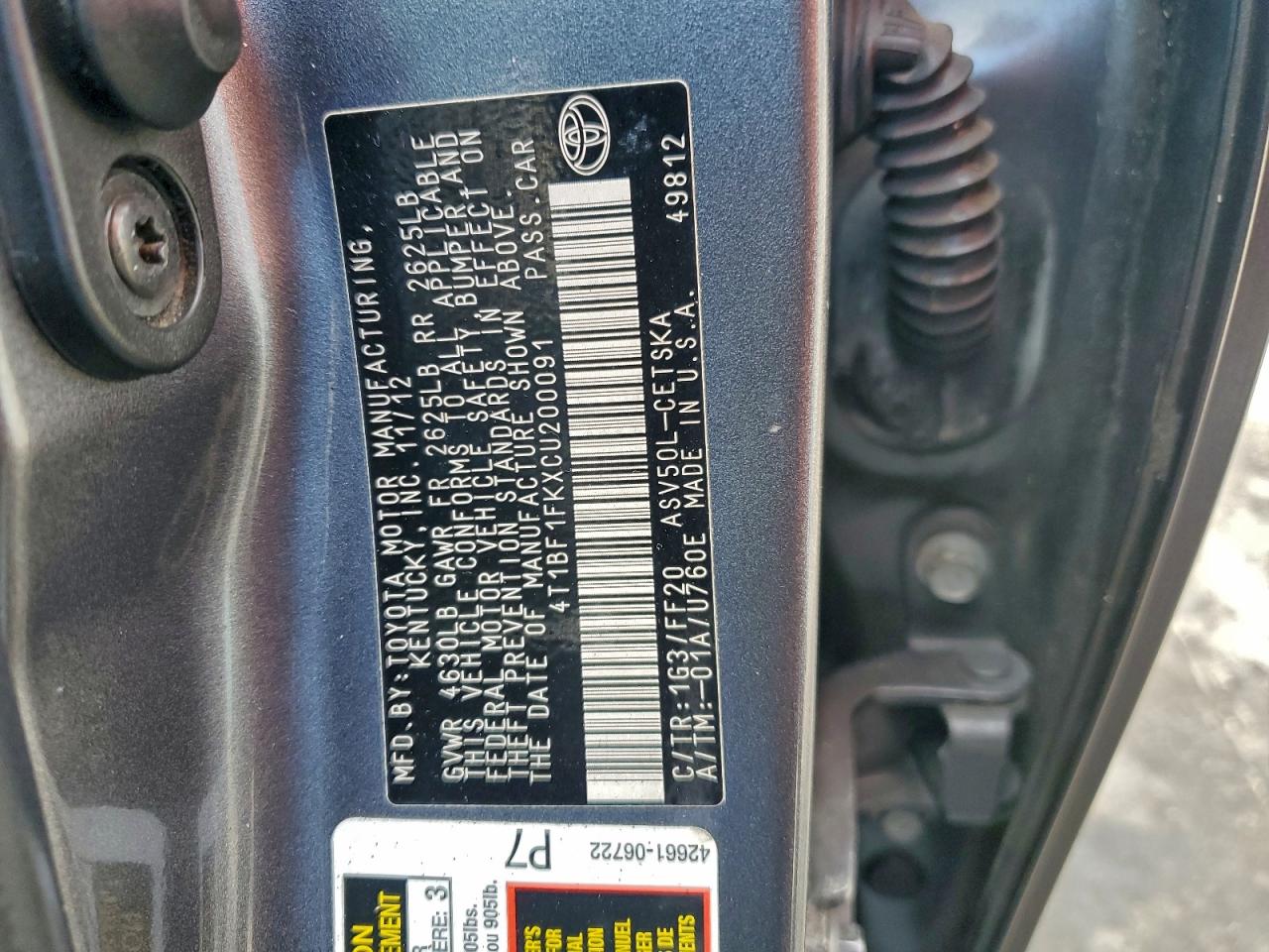 2012 TOYOTA CAMRY BASE photo 12