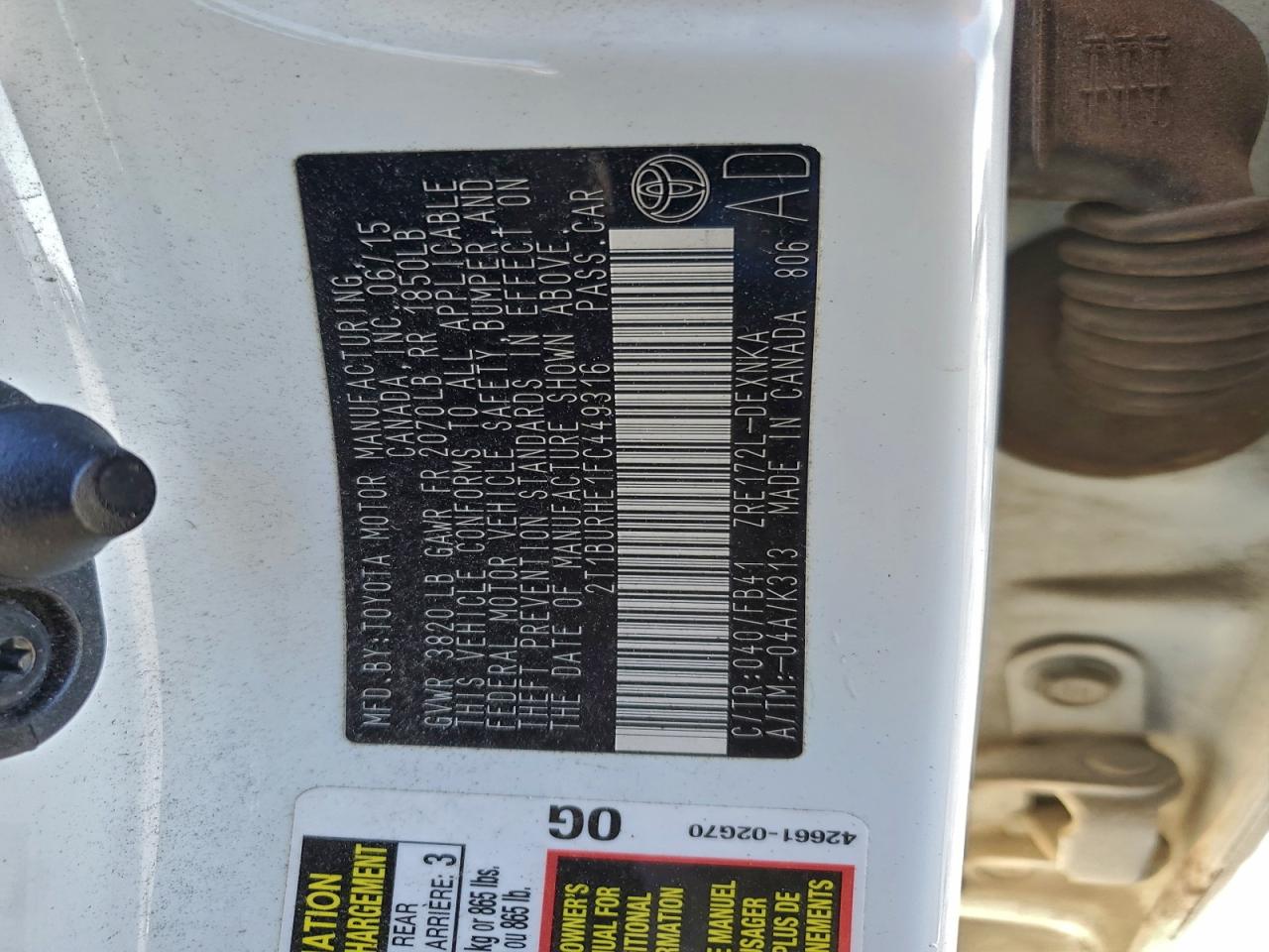2015 TOYOTA COROLLA L photo 12
