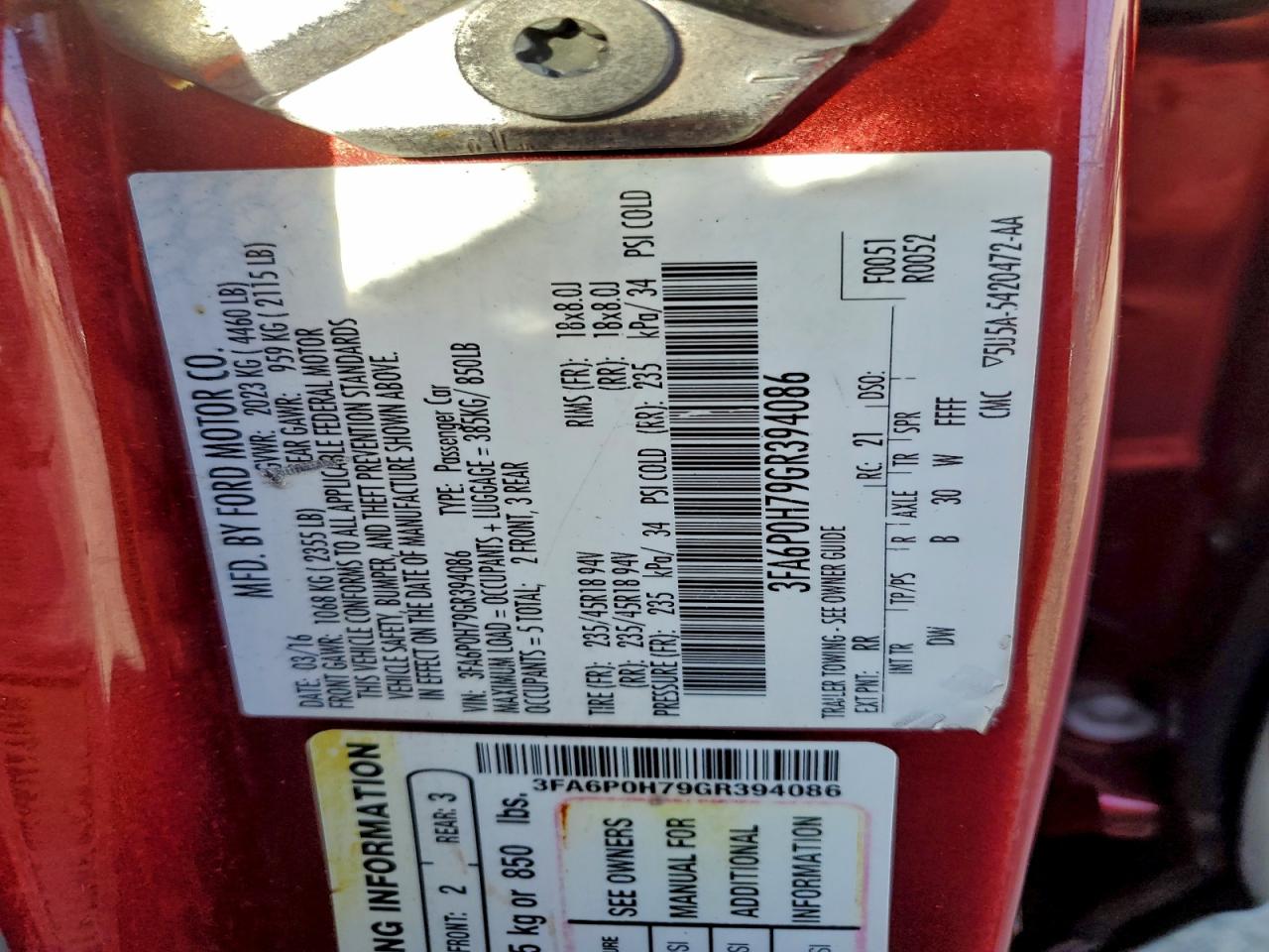 2016 FORD FUSION SE photo 12