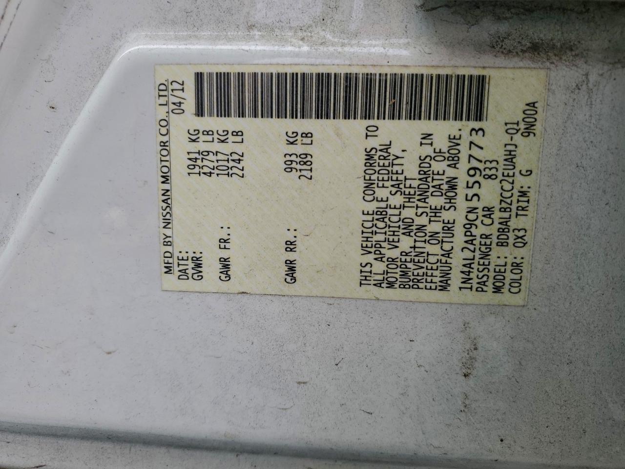 2012 NISSAN ALTIMA BASE photo 12